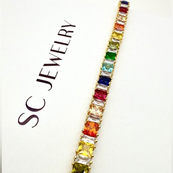 Rainbow Tennis Bracelet Gold Plated Chain Luxury Jewelry - Picture 6 of 13